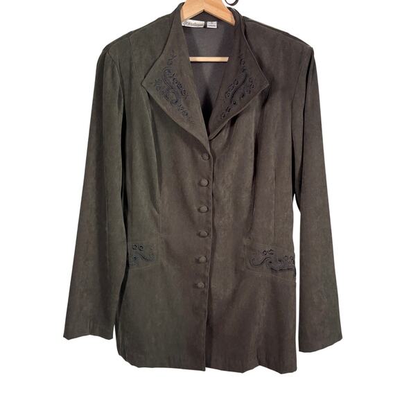 Dressbarn Women's Size 10 Green Faux Suede Embroidered Blazer Jacket Vintage - Picture 2 of 11